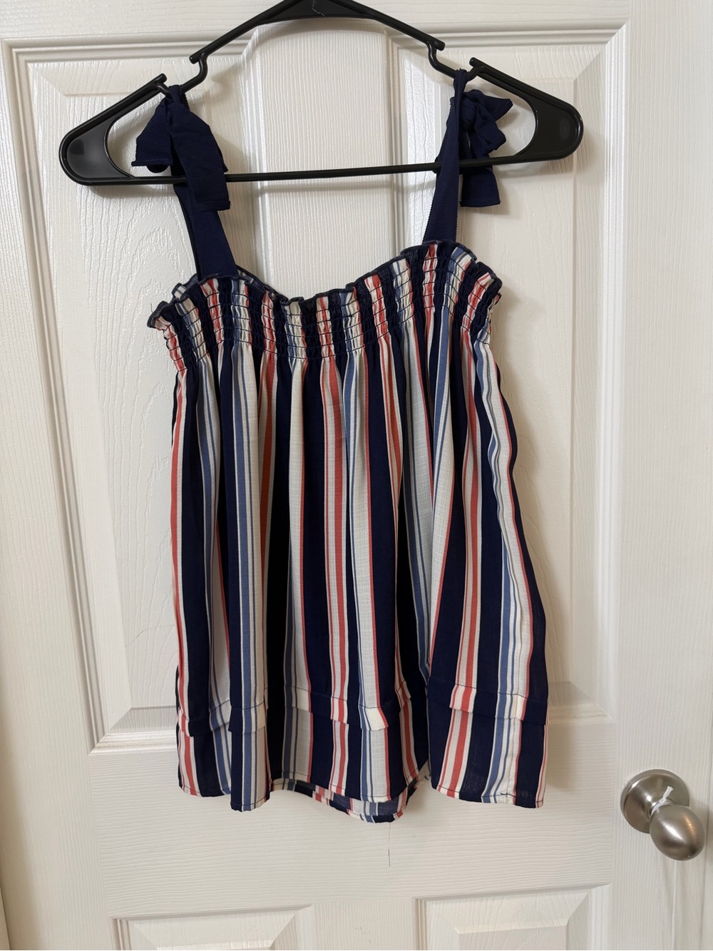 bobeau Navy Striped Tie-Shoulder Camisole with Red and White Accents